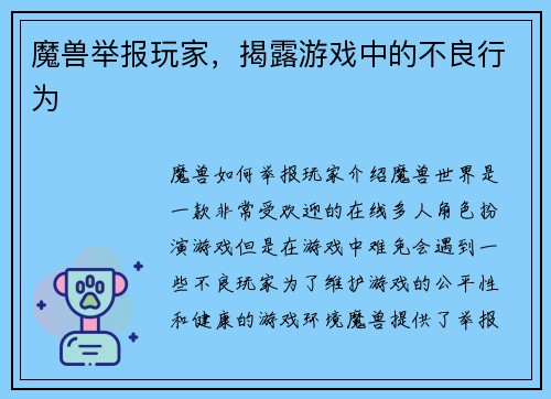 魔兽举报玩家，揭露游戏中的不良行为
